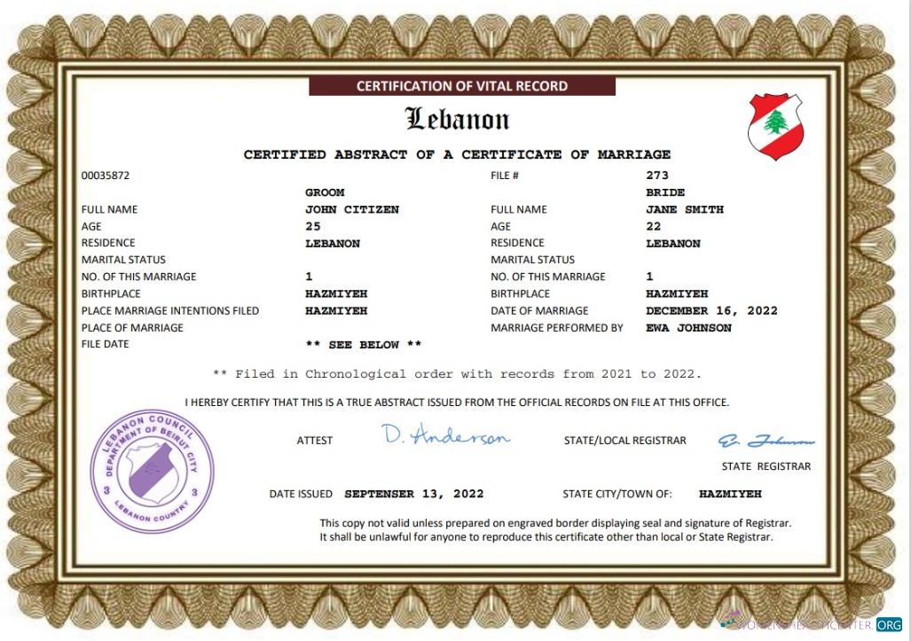 Download Lebanon marriage certificate Word and PDF template Photoshop template